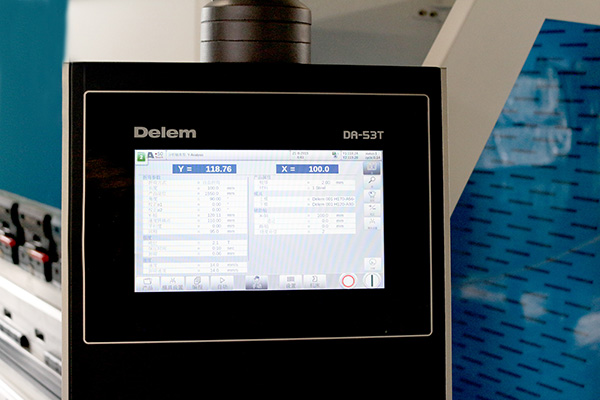CNC press brake controller programming interface showing Delem DA system