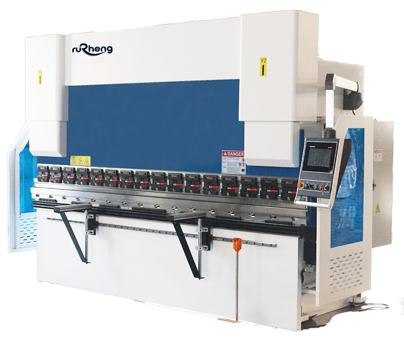 CNC press brake machine with hydraulic cylinders and tooling installed